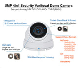 5 Megapixel 4in1 TVI/AHD/CVI/CVBS(960H) 2.8-12mm Lens Security Surveillance Dome Camera DWDR IR Cut OSD menu for Indoor Outdoor CCTV Home Office (White) - 101AVInc.