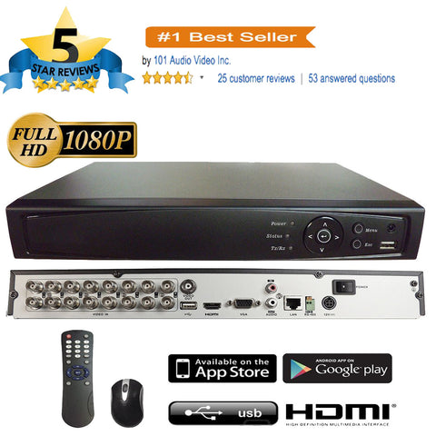 16CH 1080P 5in1 (TVI, AHD, CVI, IP, Analog CVBS) DVR w/ HDMI BNC VGA Output Mobile-APP Motion Real Time Recording - 101AVInc.