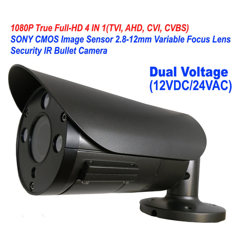 1080P 4IN1 TVI/AHD/CVI/CVBS 2.8-12mm Varifocal Lens In/Outdoor Bullet Camera Dual Power DC12V AC24V (Black) - 101AVInc.